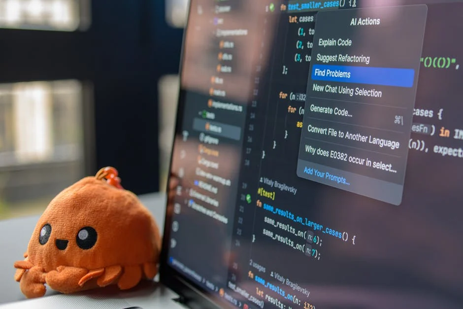 A computer screen displaying code with an AI actions menu, next to an orange octopus toy — representing developer tools on Windows 11
