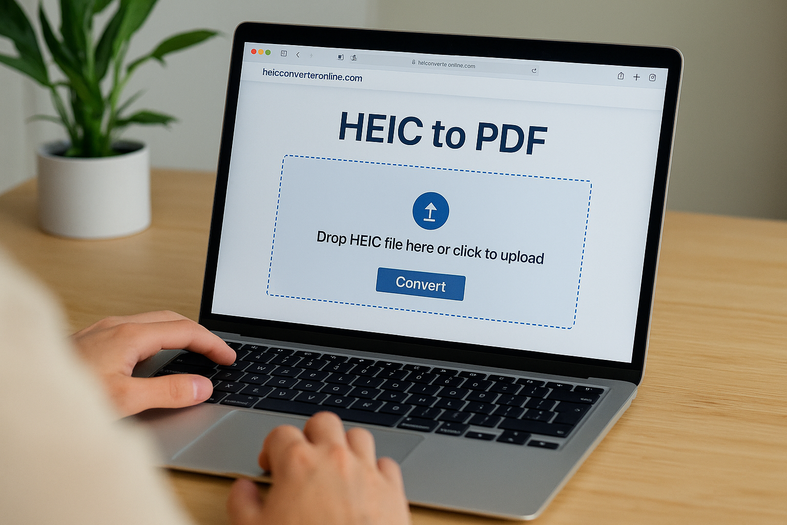 A person using a laptop to convert a HEIC file to PDF on heicconverteronline.com, with the conversion interface displayed on the screen