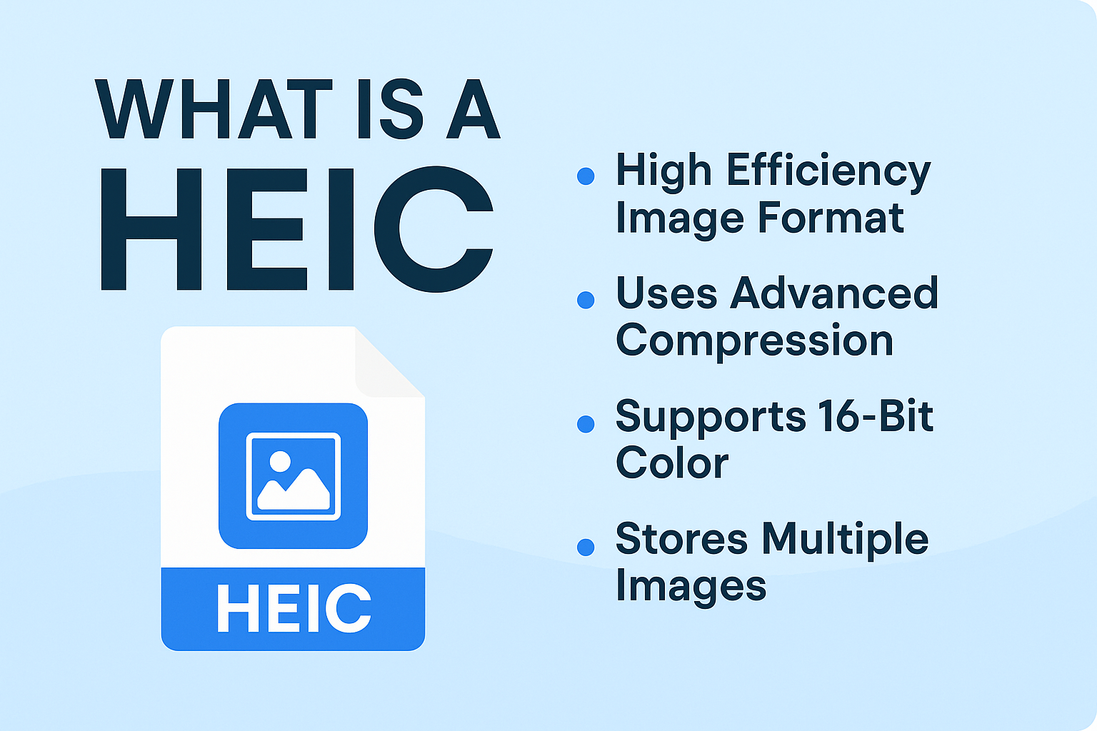 Infographic explaining What is a HEIC file, featuring High Efficiency Image Format definition with key features including advanced compression, 16-bit color support, and multi-image storage
